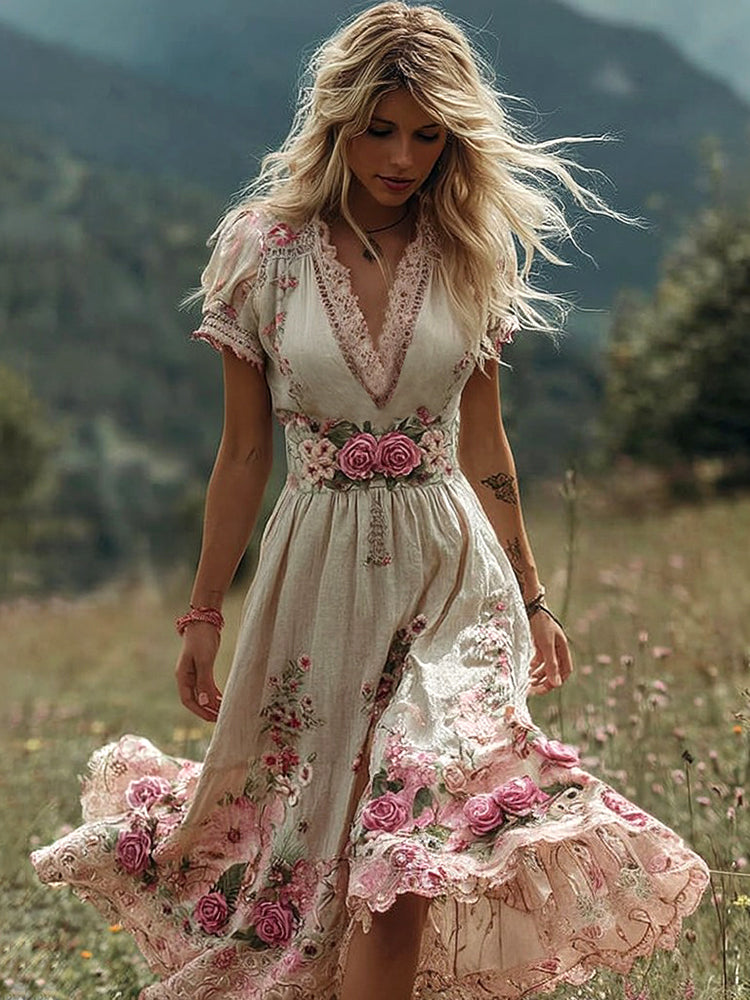 PetalHeritage – Vintage Rose Linen Maxi Dress