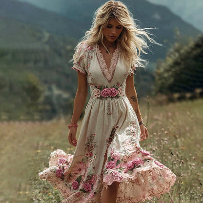 PetalHeritage – Vintage Rose Linen Maxi Dress