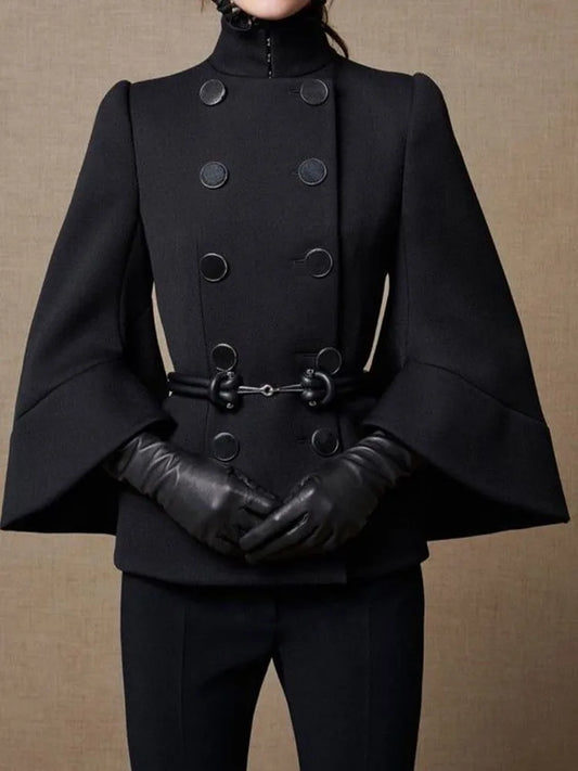 VistaElegant – Solid Double Breasted High Neck Coat
