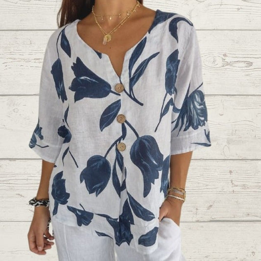 BreezeAura – Printed V-Neck Linen Blend Shirt
