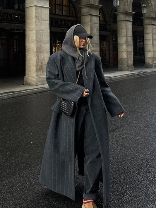 CharcoalGlam - Striped Accent Overcoat